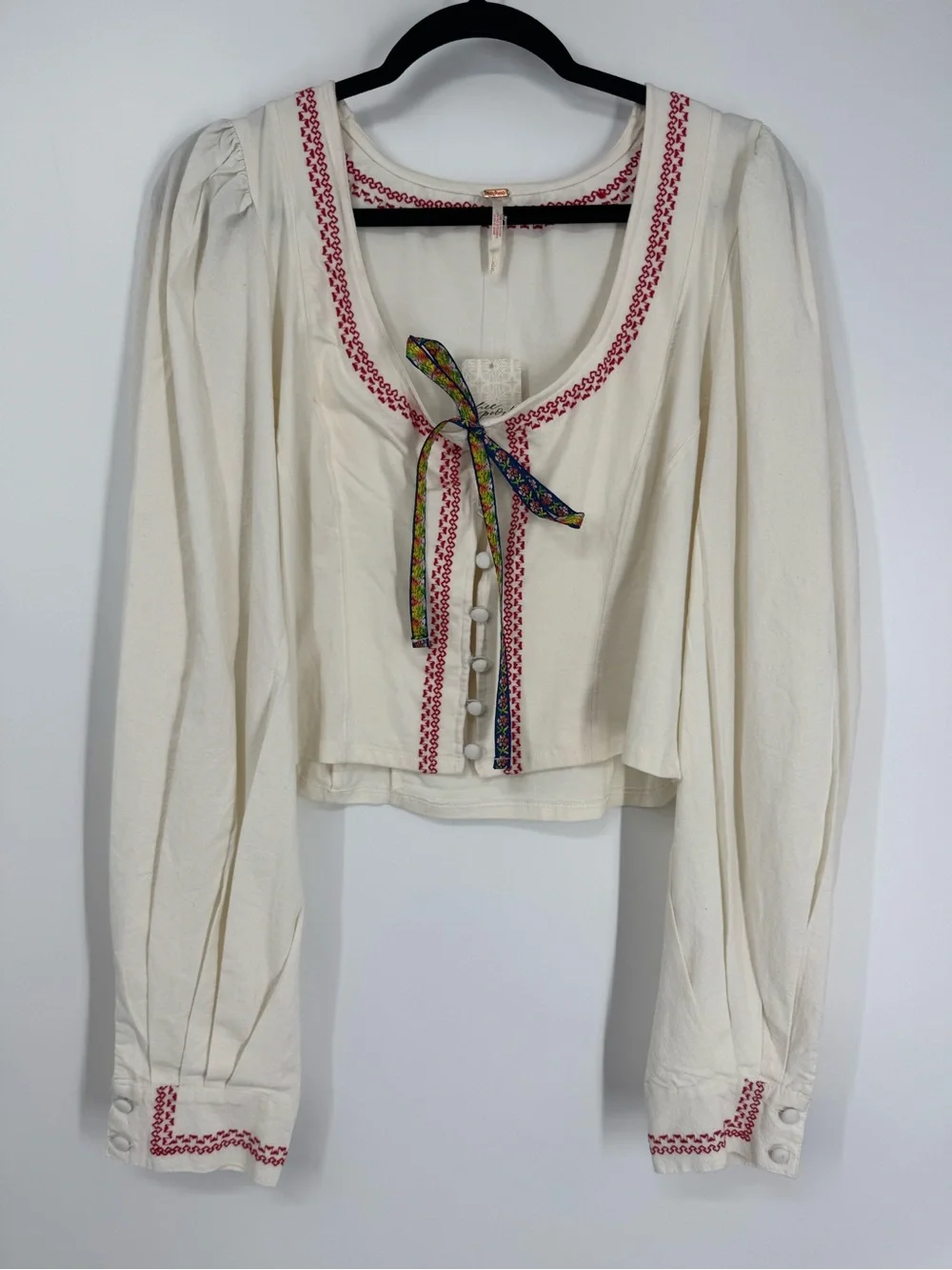 NWT Free People Mada Top Cream Peasant Boho Cropped Scoop Neck Blouse Size L